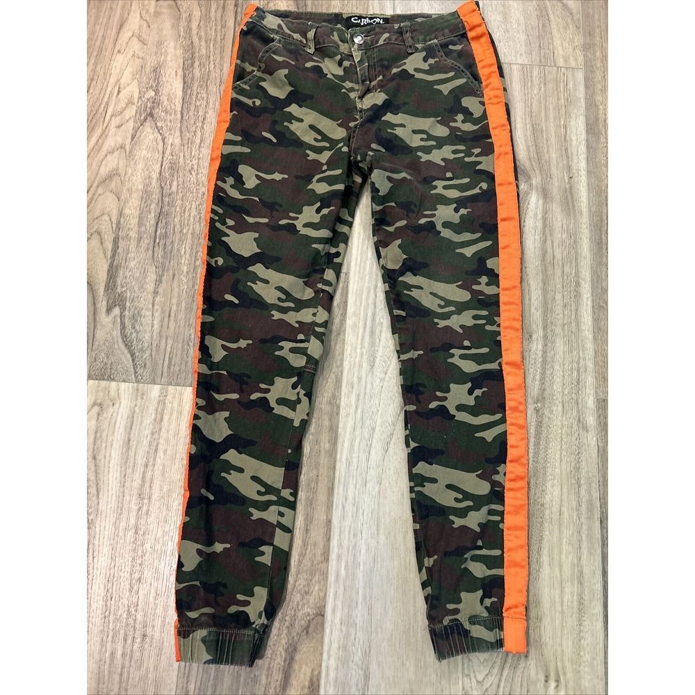 Carbon Green Orange Stripe Camouflage Stitch jegging Cotton Pants Sz M 32X29"‎